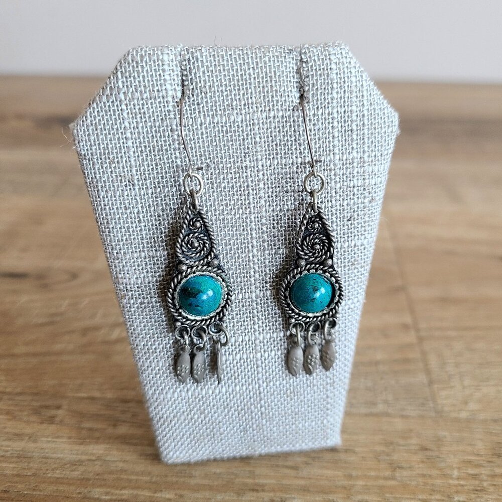 Silver gangling Israeli earrings with green Eilat stone.
